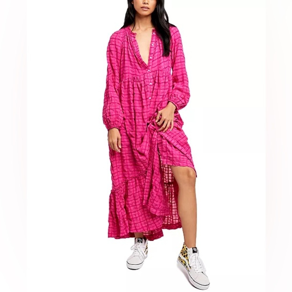 Free People Edie Maxi Dress Pink Boho Long Sleeve Tiered Size S
